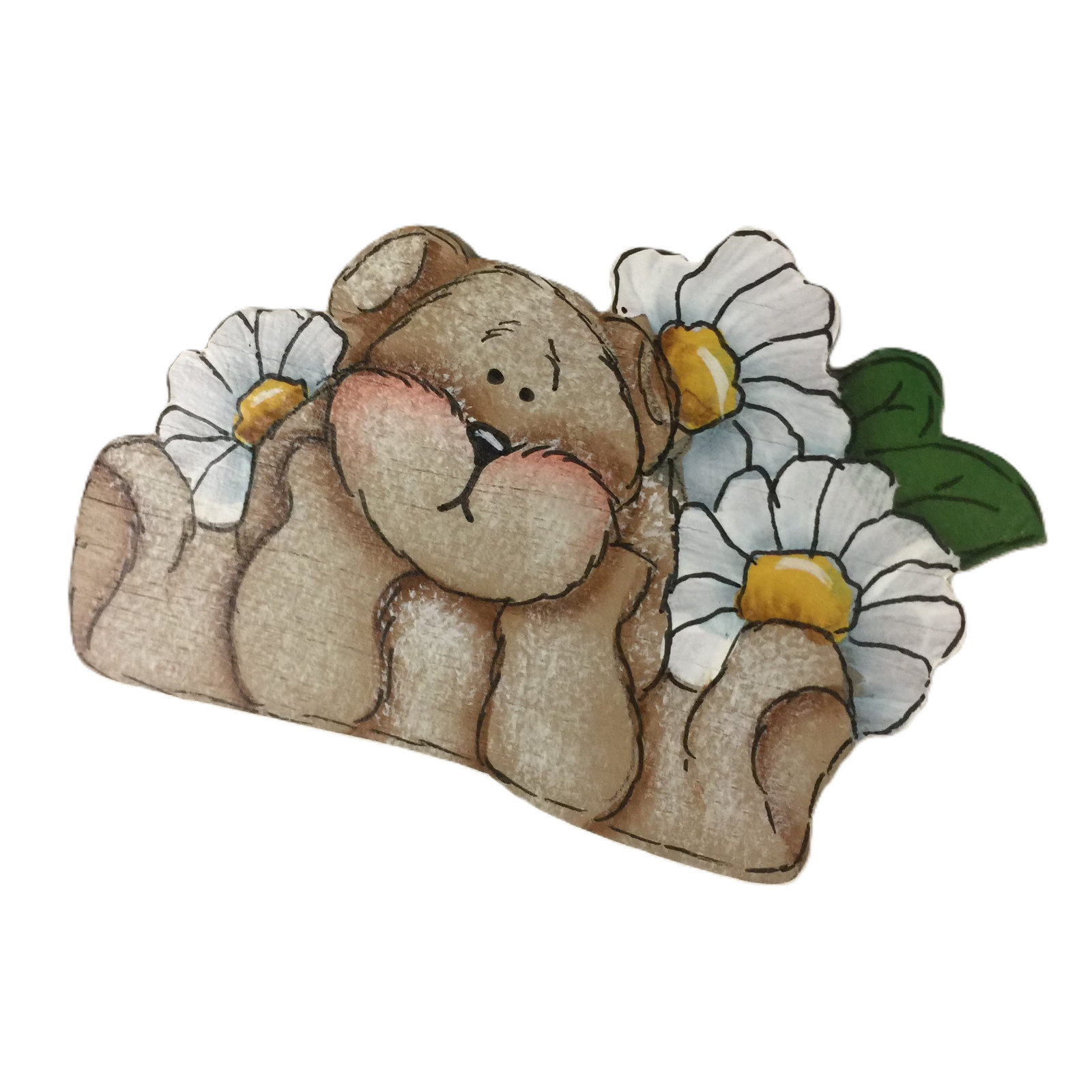 Brooch Teddy Bear Daisies Flowers Pin Wooden Hand Painted Locking Bar Back VTG C