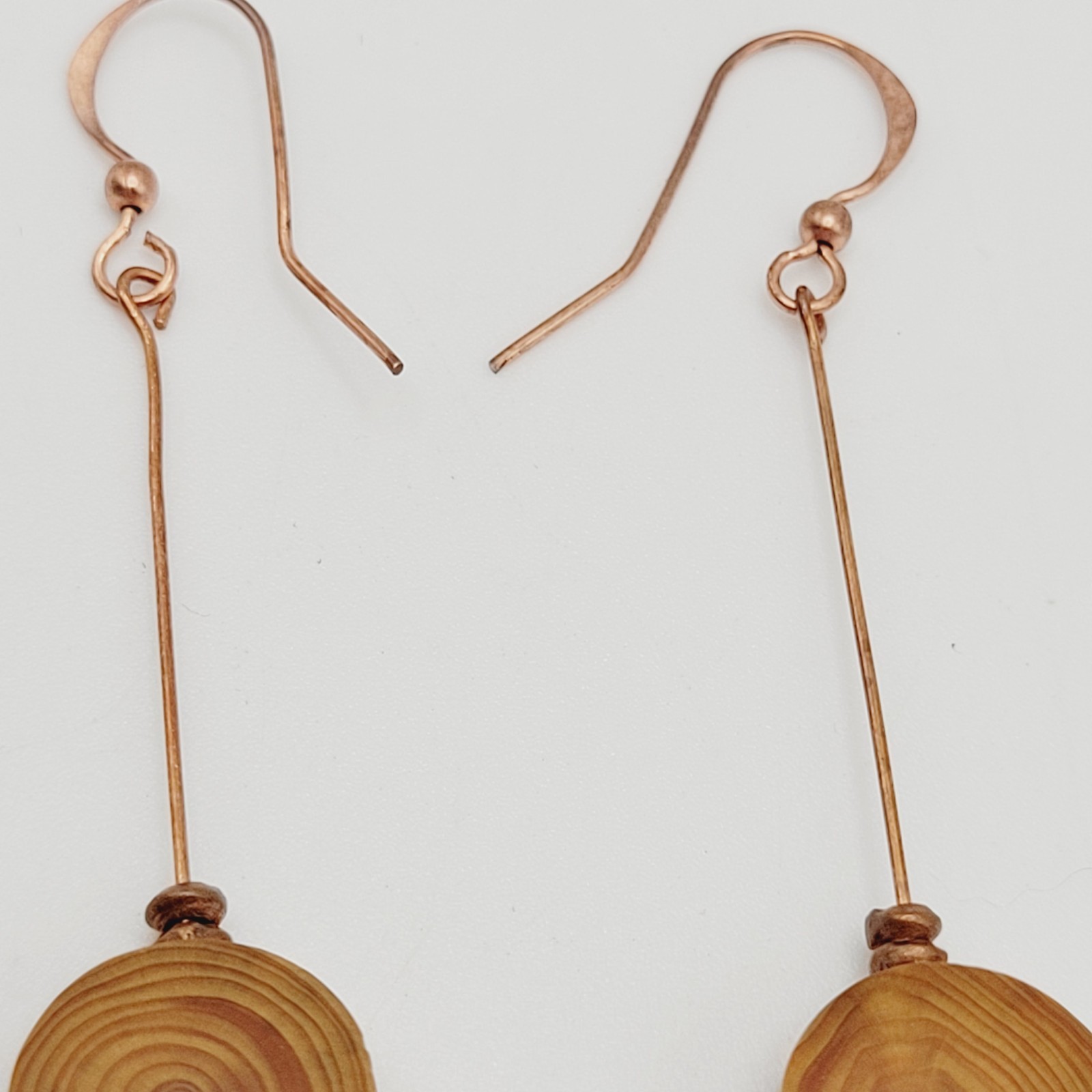 Artisan Handcrafted Round Wood Slice Drop Earrings Long Copper Wire Tree Ring
