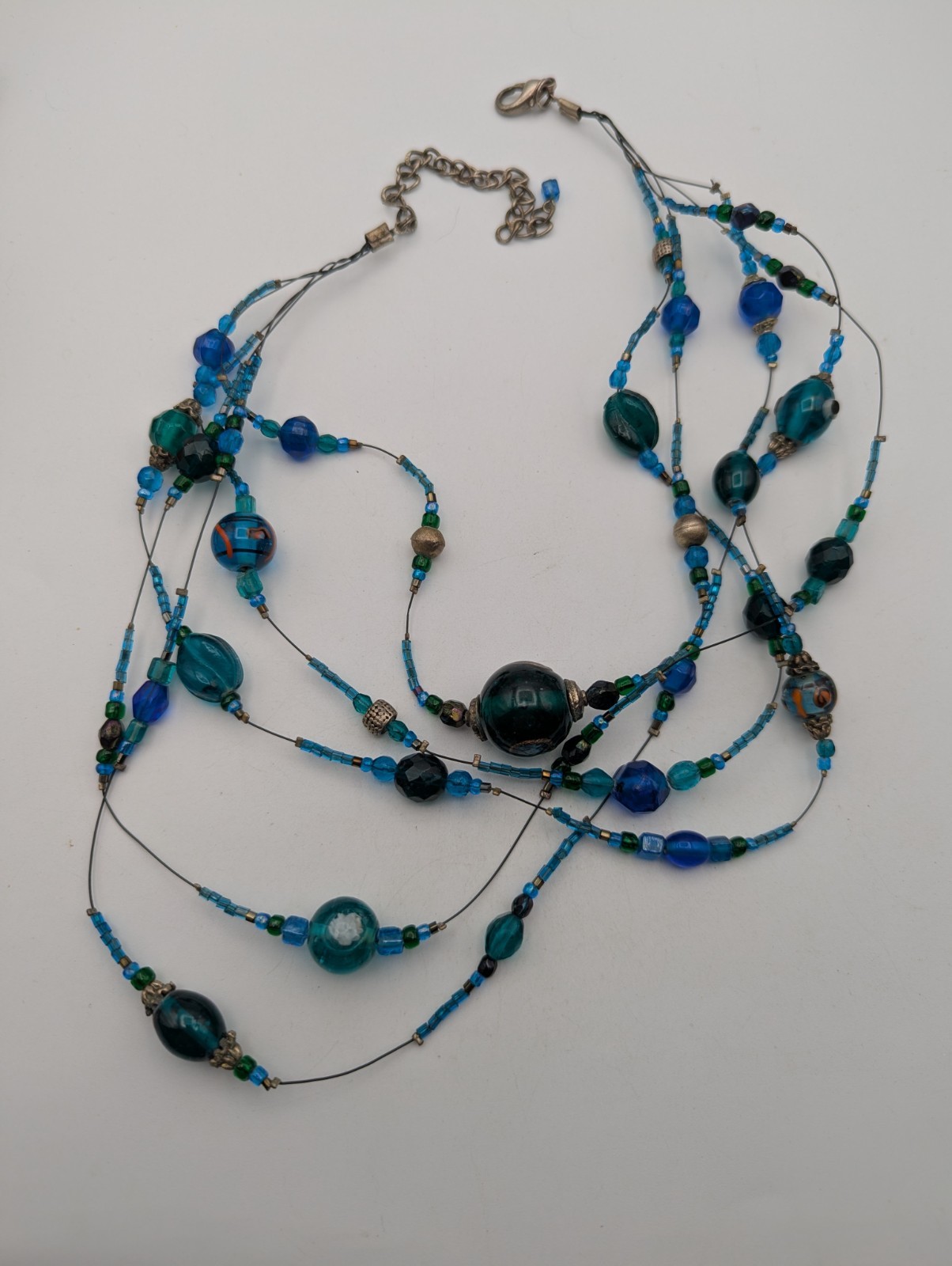Glass & Plastic 5 Strand Beaded Necklace Blue Green Silver Tone
