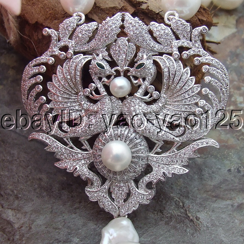 24” 14x26MM Freshwater Cultured White Rice Pearl Necklace CZ Pendant