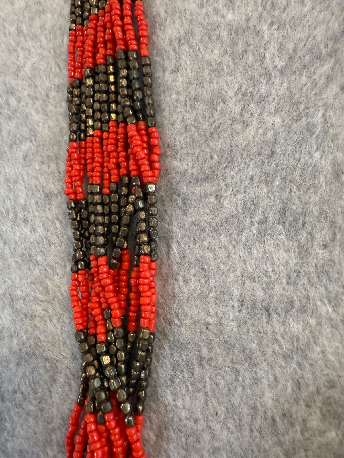 Neon Coral And Bronze Multi Strand Seed Beaded Necklace 28in Lobster Clasp