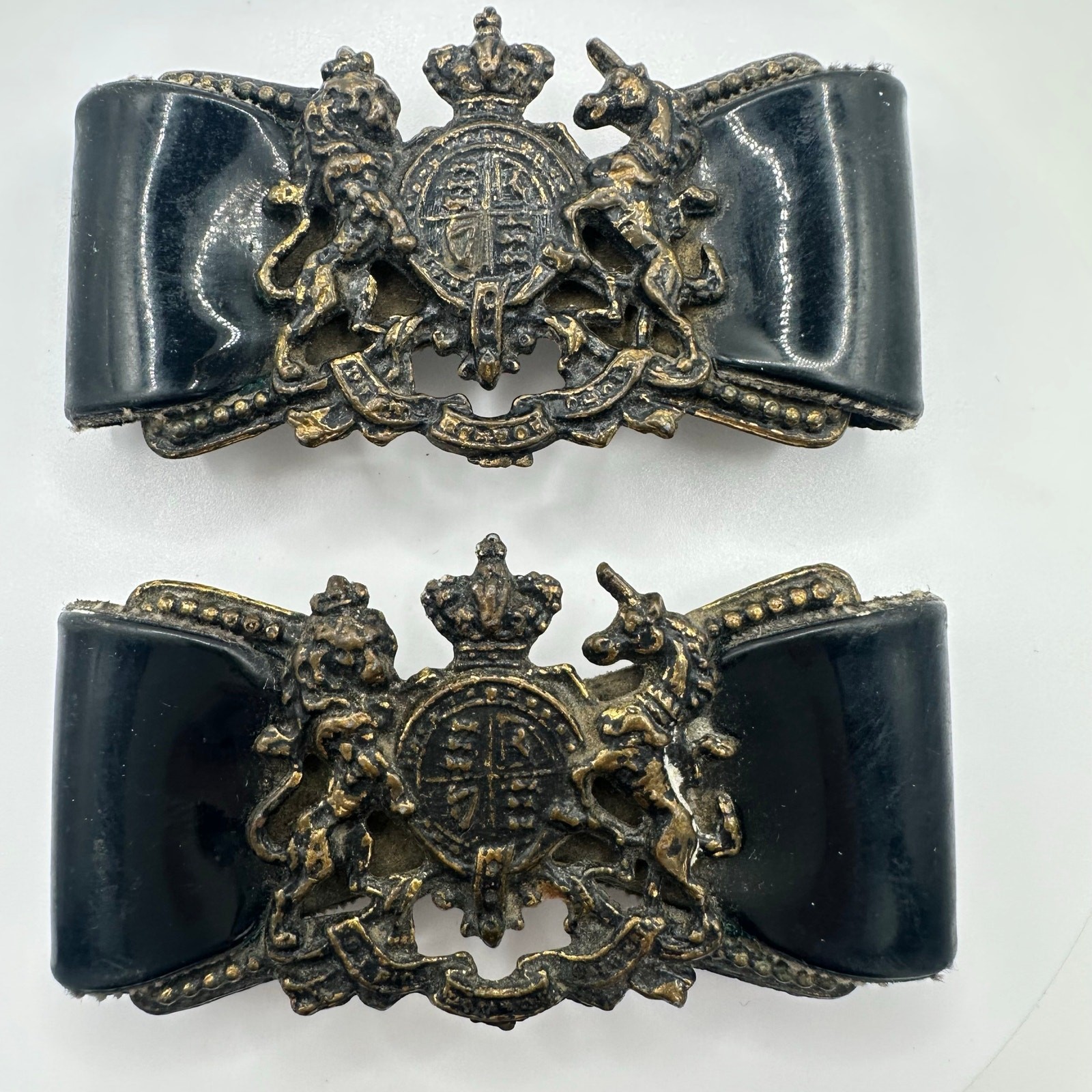 Set of 2 vintage British Military General heraldic patent leather bows buckles