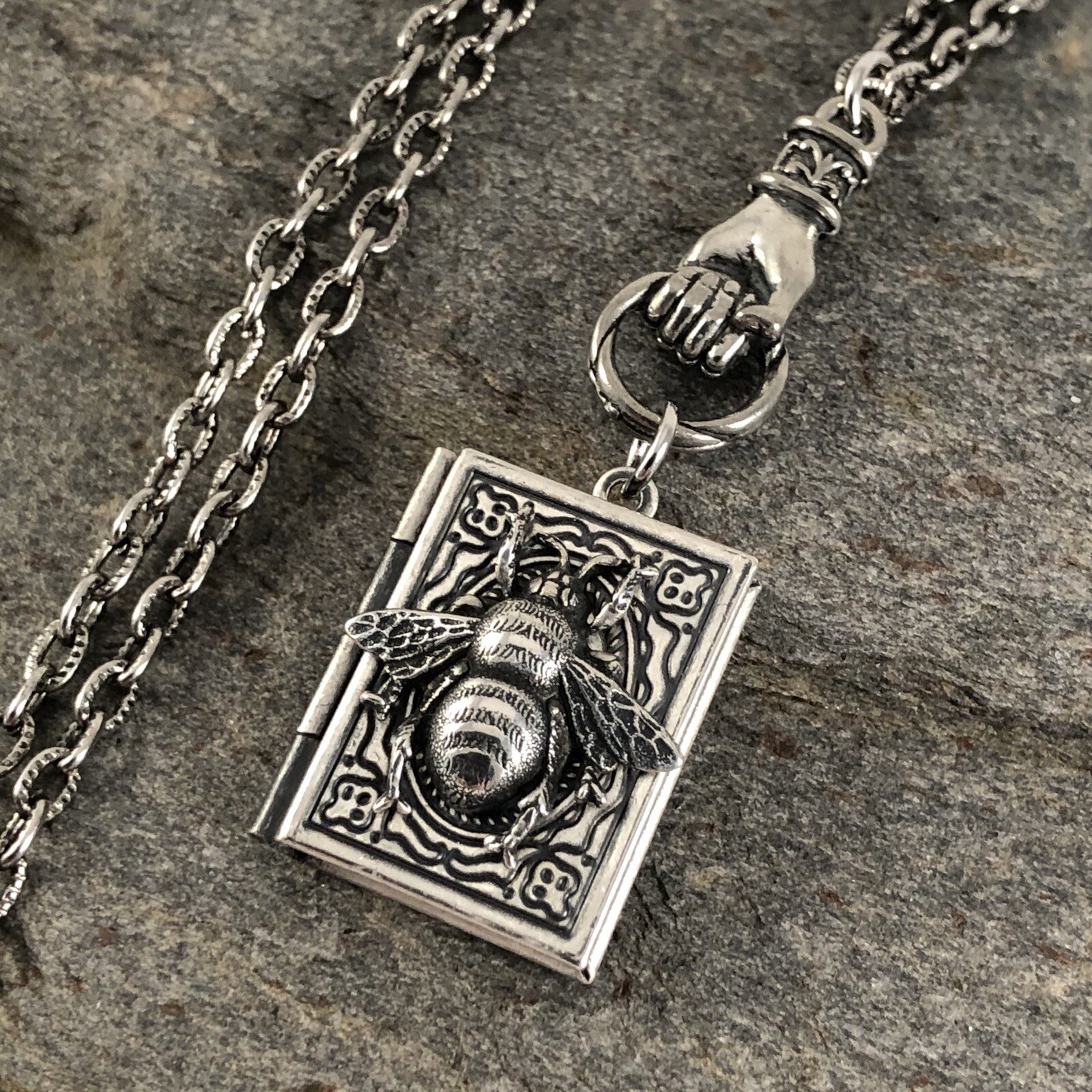 Bumblebee Honey Bee Photo Diary Book Locket Necklace w/ Hand Charm