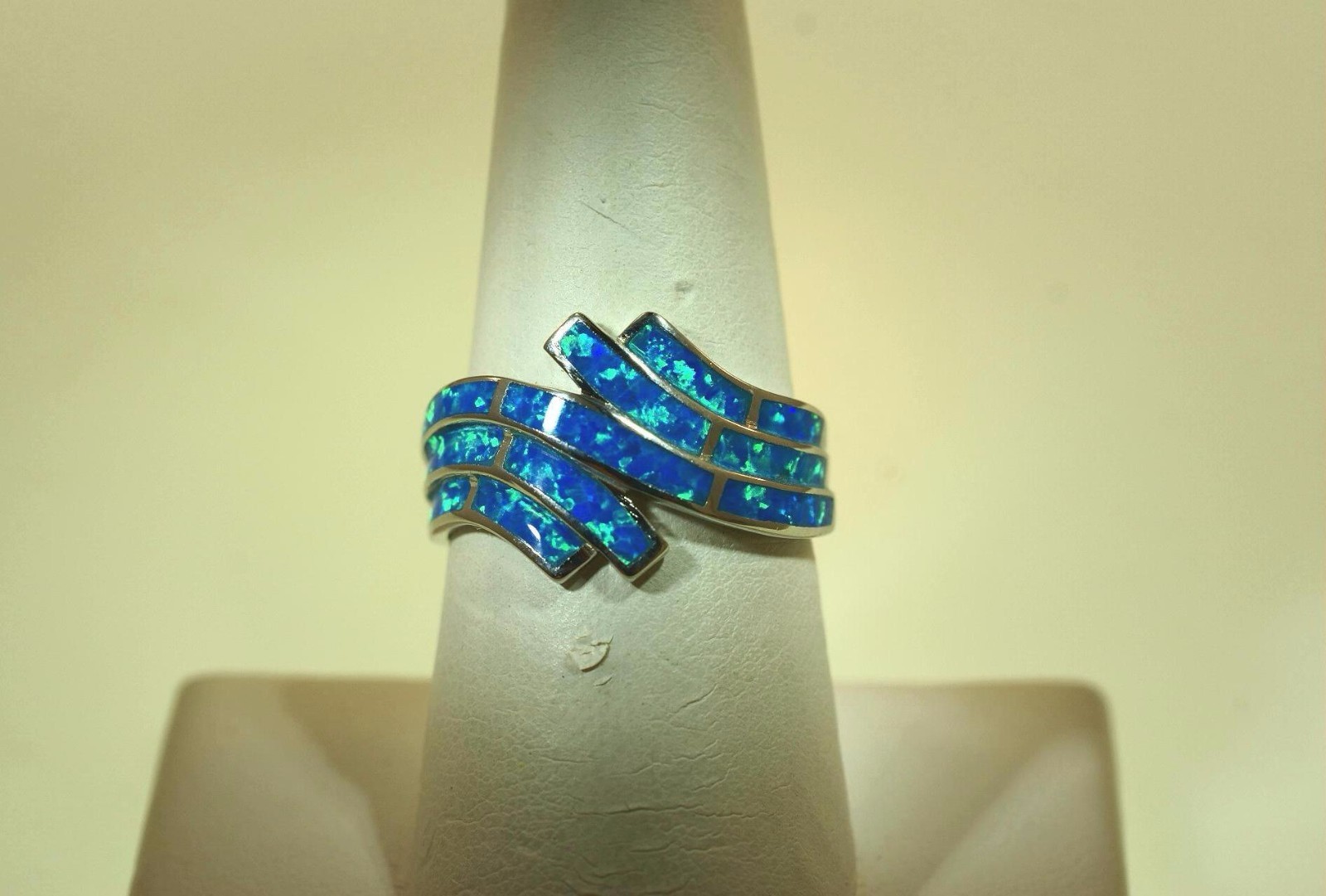 15MM HAWAIIAN RHODIUM ON 925 SILVER INLAID OPAL BREAKING OCEAN WAVE RING 5-10 #2