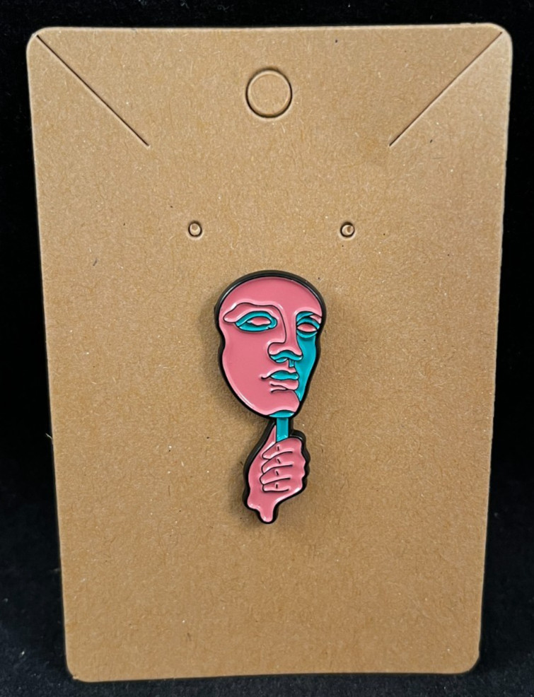 Pink & Blue Face Mask – Enamel Pin – Novelty – Costume – About 1 3/8 Inch High