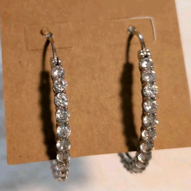 JCM 925 Sterling Silver CZ Channel Set Hoop Earrings Cubic Zirconia Sparkle