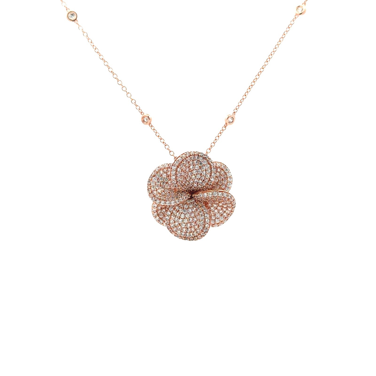 Silver Flower Pendant & Chain White Zircon Pink Rhodium Plated Necklace