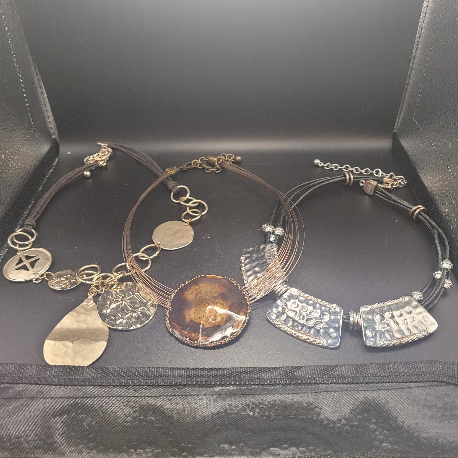 Lot of 3 Chico’s Necklaces Gold Tone-Faux Hammered Silver Brown Stone 16 & 19 in