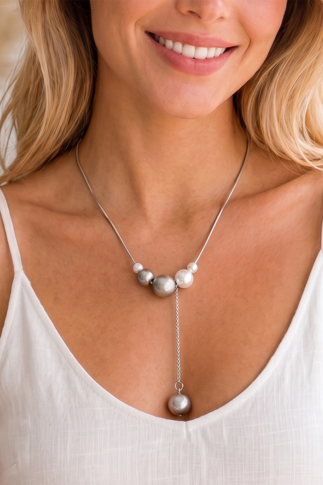 18K White Gold Plated Faux Pearl Y Necklace Metallic Bead Lariat Choker Gift