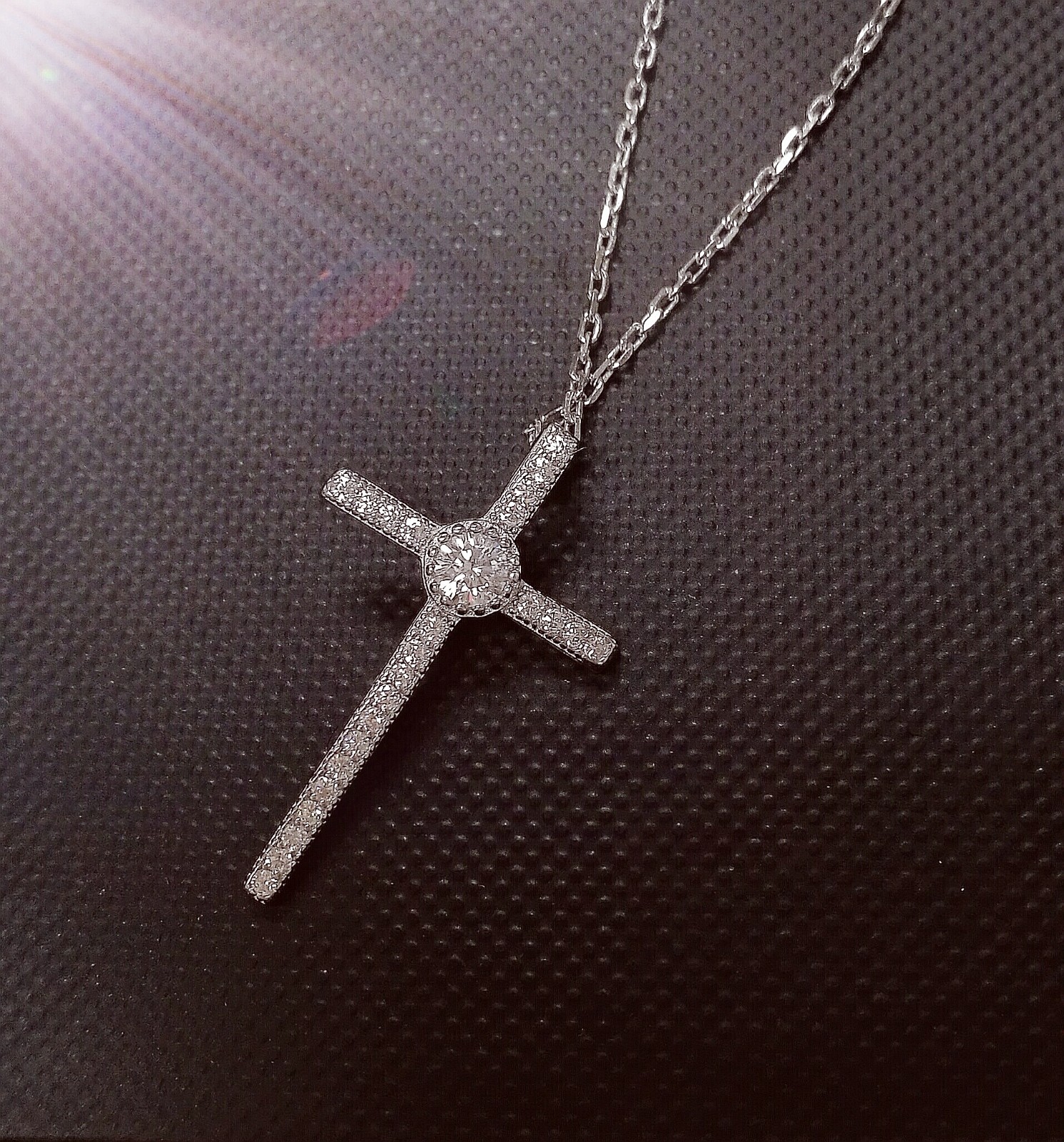 Cross Pendant Necklace with Simulated Diamond in Sterling Silver 14K Gold Plated