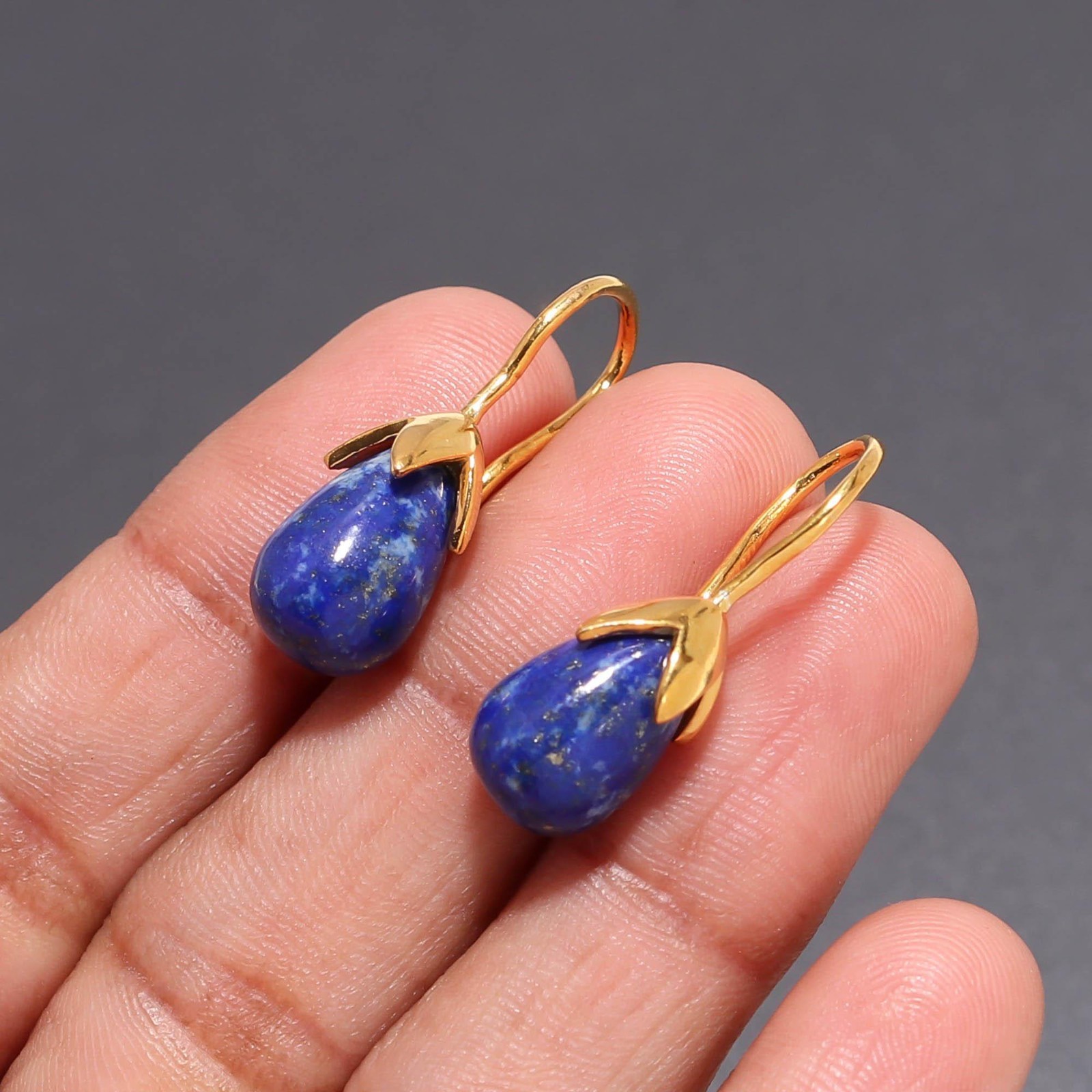 Natural Lapis Lazuli Teardrop Dangle Earrings Gold Plated Solid Silver Jewelry