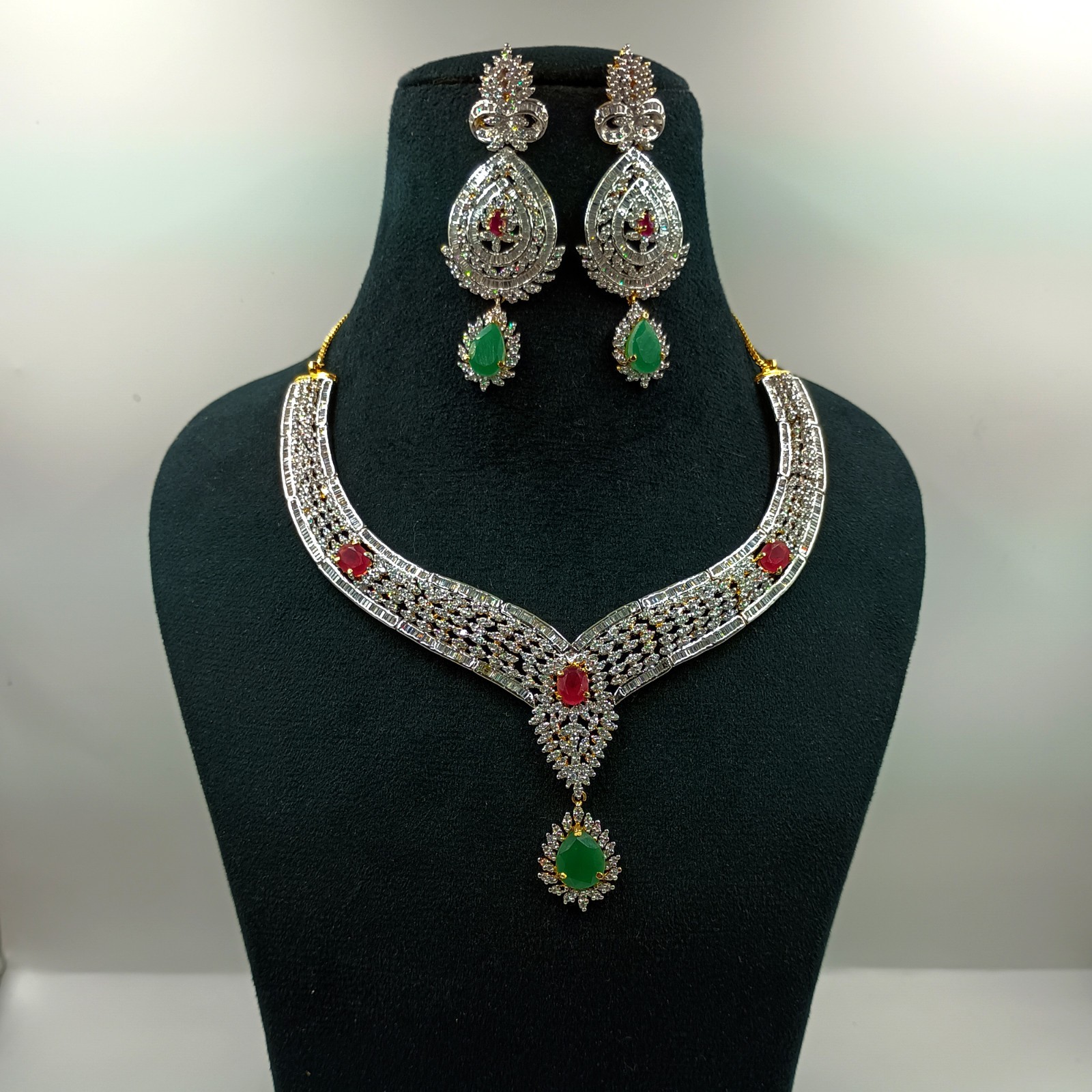 Traditional Emerald Ruby CZ Diamond Choker Necklace Set 22k Gold Plated