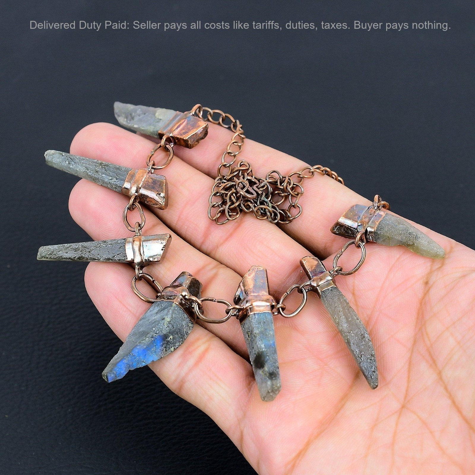 Copper Labradorite Rough Stone Art Deco New Electroformed Chain Necklace Jewelry