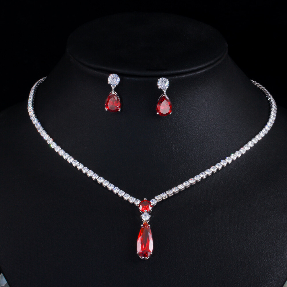 Purple CZ Drop Tennis Pendant Necklace Earrings Fiancee Engagement Jewelry Set