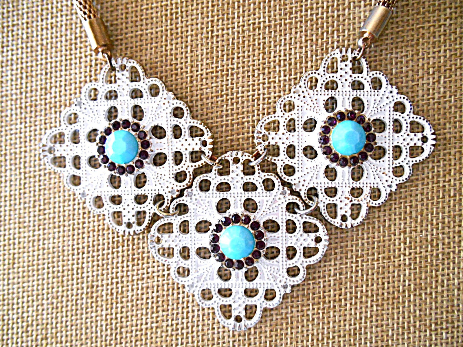 Bronzetone White & Teal Bib Necklace
