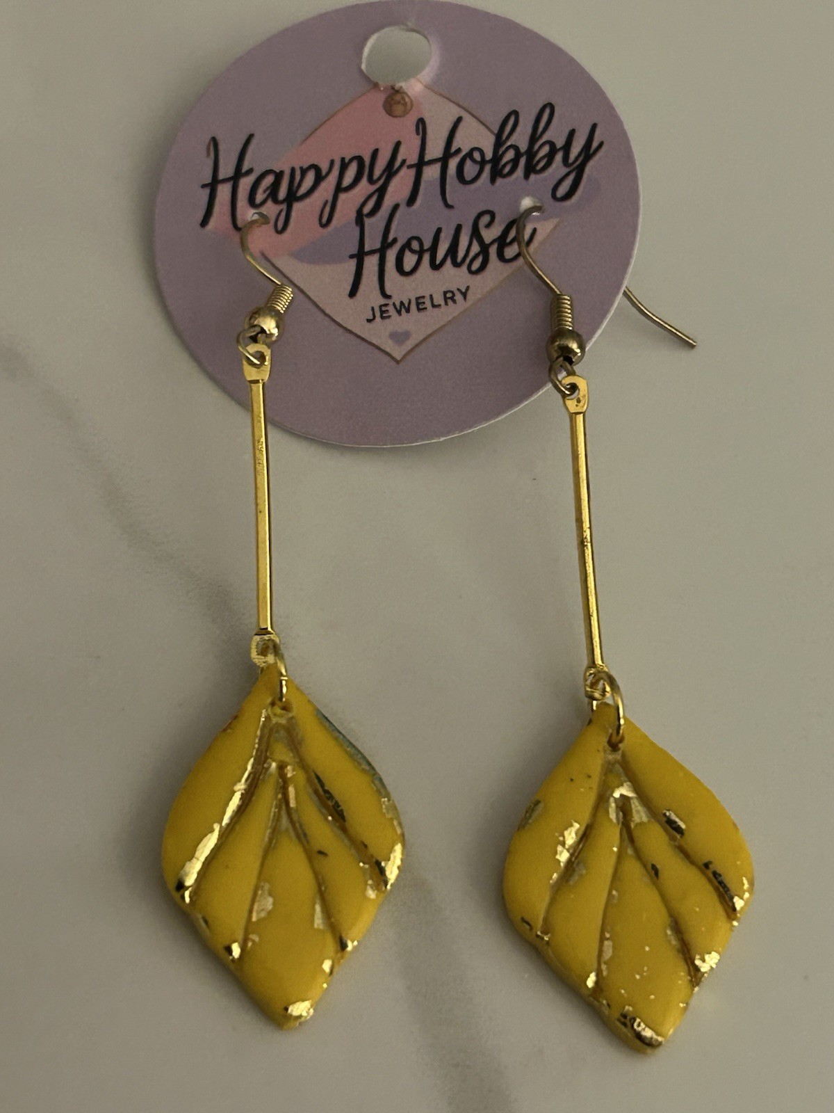Happy Hobby House Yellow Gold Tone Leaf Design polymer clay Dangle Drop Earrings