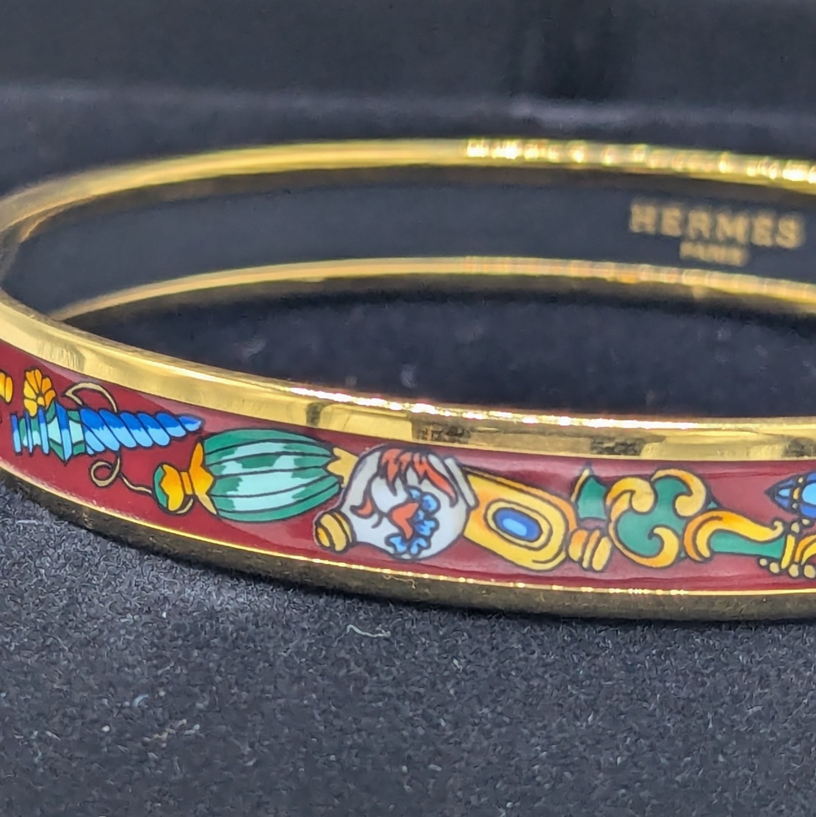 Authentic Hermès Narrow Printed Enamel Bangle Bracelet Gold Plated