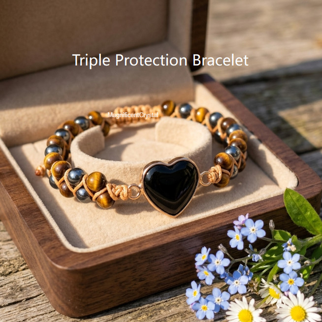 Triple Protection Heart Bracelet Black Obsidian Tiger Eye Hematite Hand Braided