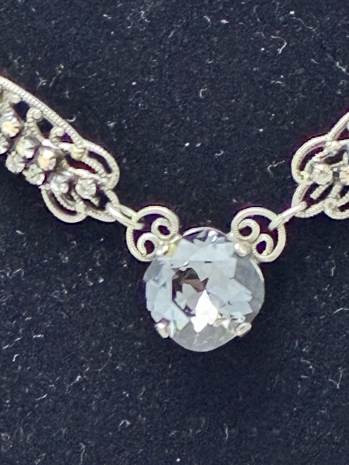 Clara Beau Vintage Style Filigree Lavalier Necklace Clear Rhinestone 20″ Chain