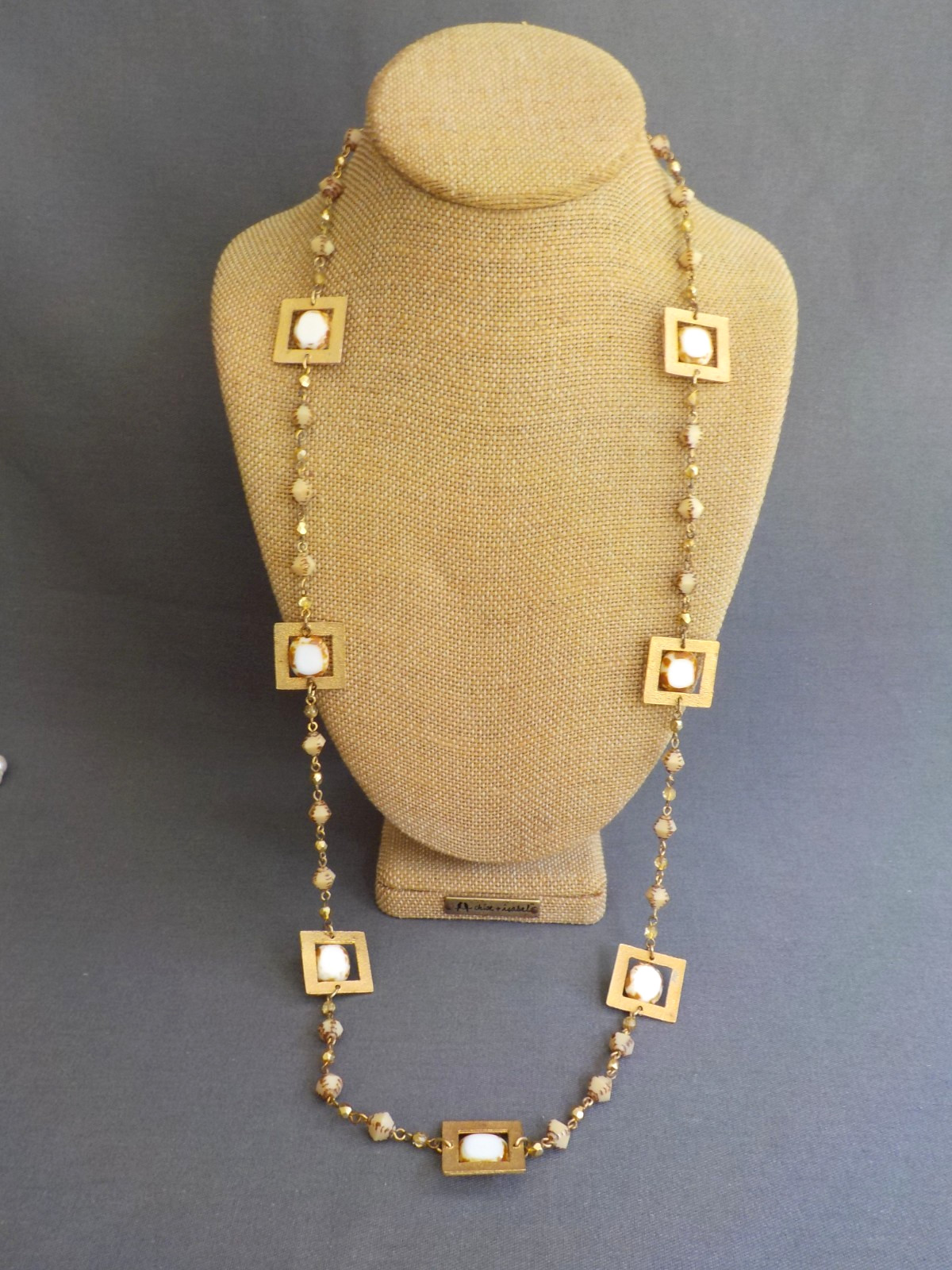 Seasonal Whispers Square Necklace Gold Tone Metal Glass Plastic Bead Linked