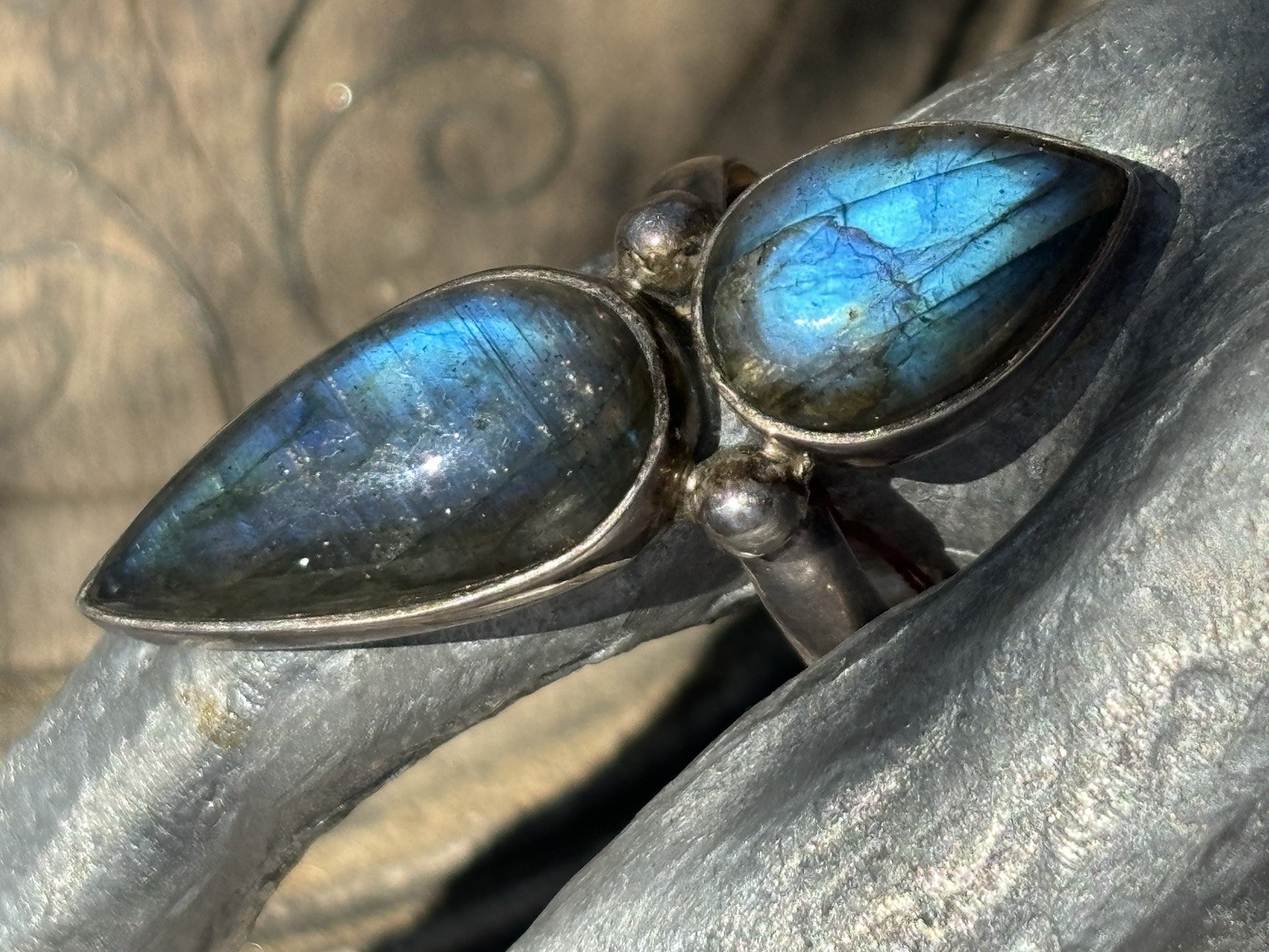 Double pear shaped labradorite gemstone silver ring size 9.25