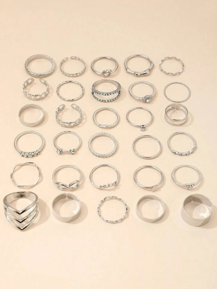 30Pcs Silver Ring Set Women Boho Knuckle Midi Stacking Rings Rhinestone Jewelry