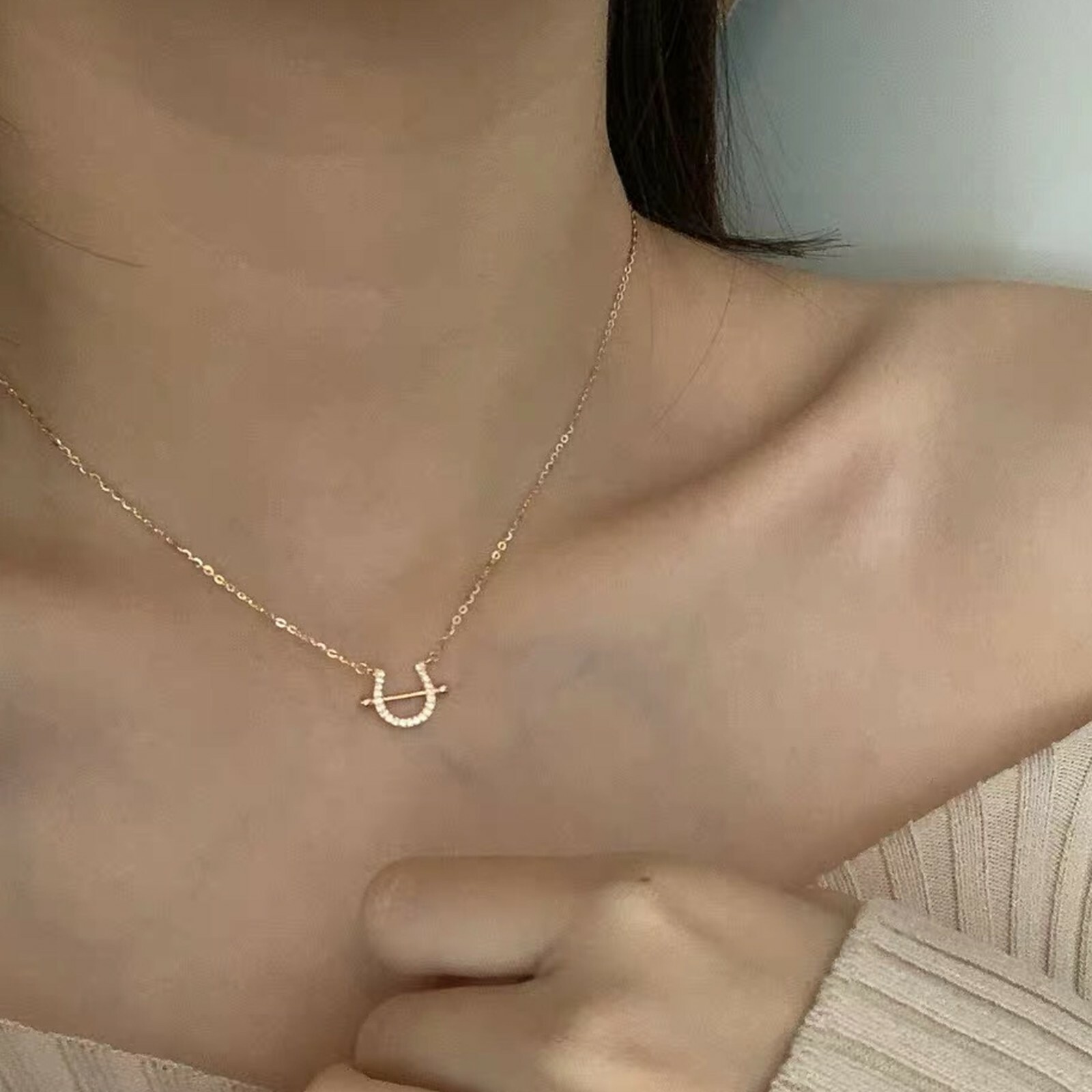 18k gold 925 silver simulated diamond U shape horseshoe pendant chain necklace