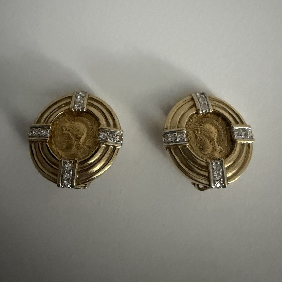 Vintage Carolee Signed Gold-Tone Roman Faux Coin Clip-On Earrings