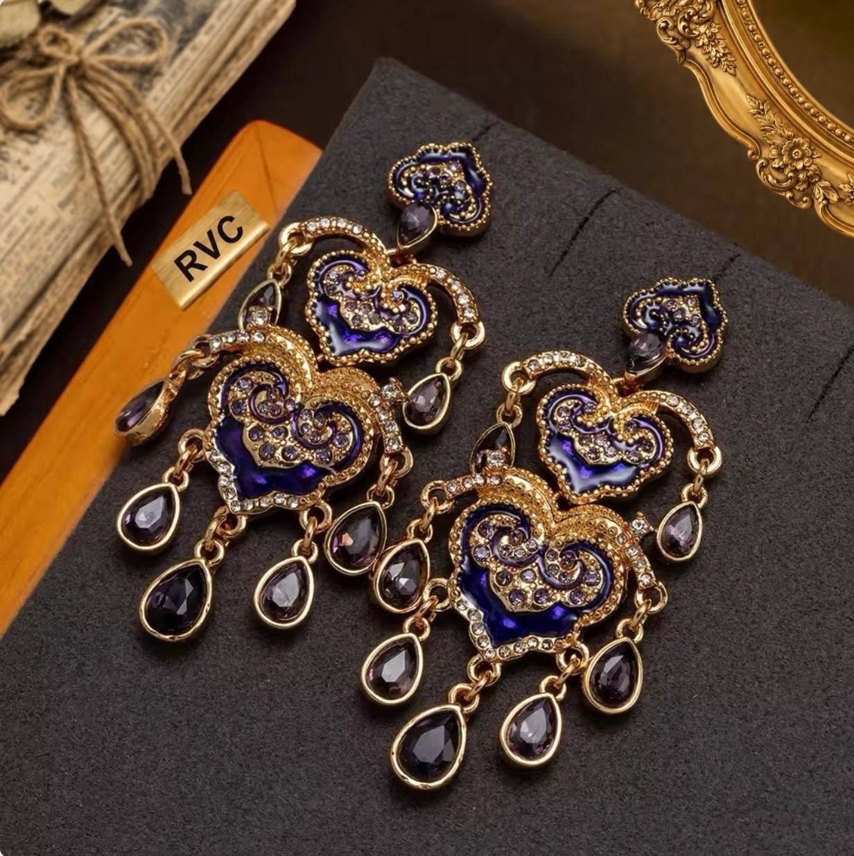 Victorian Revival Purple Heart Chandelier Earrings French Vintage Style Bridal