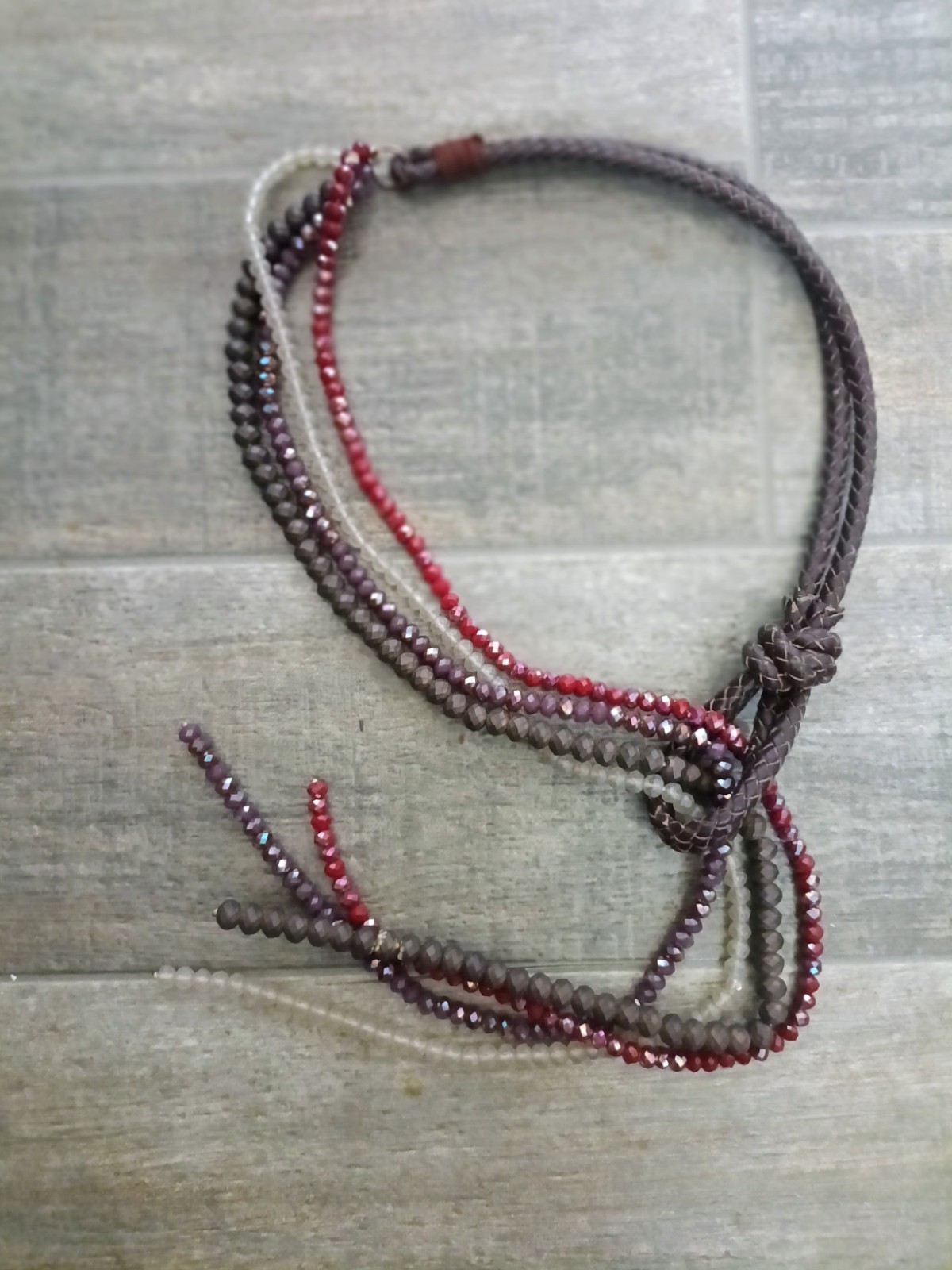 Leather Braided Crystal Beads Round Lariat Tie Like Necklace Adjustable UNIQUE