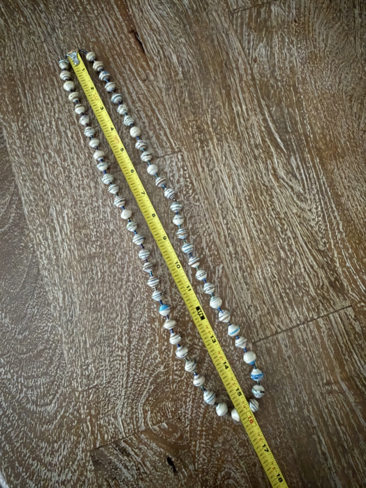Rolled Paper Bead Long Necklace Multicolor Boho Teal Cream 30 Inch Recycled