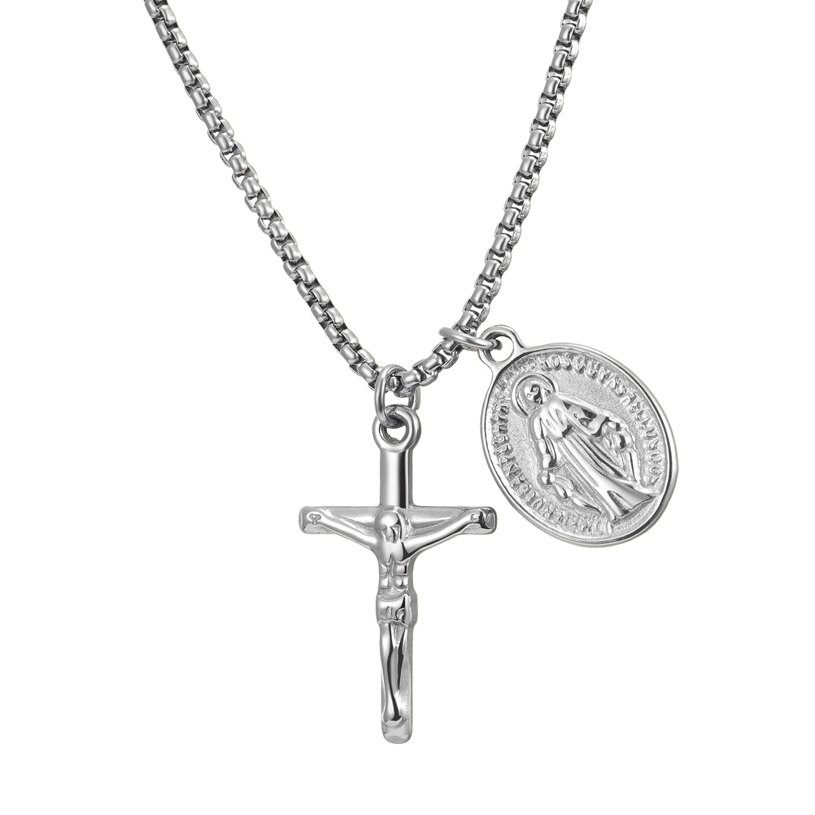 Virgin Mary Jesus Cross Crucifix Rosary Necklace with Miraculous Medal Men Women