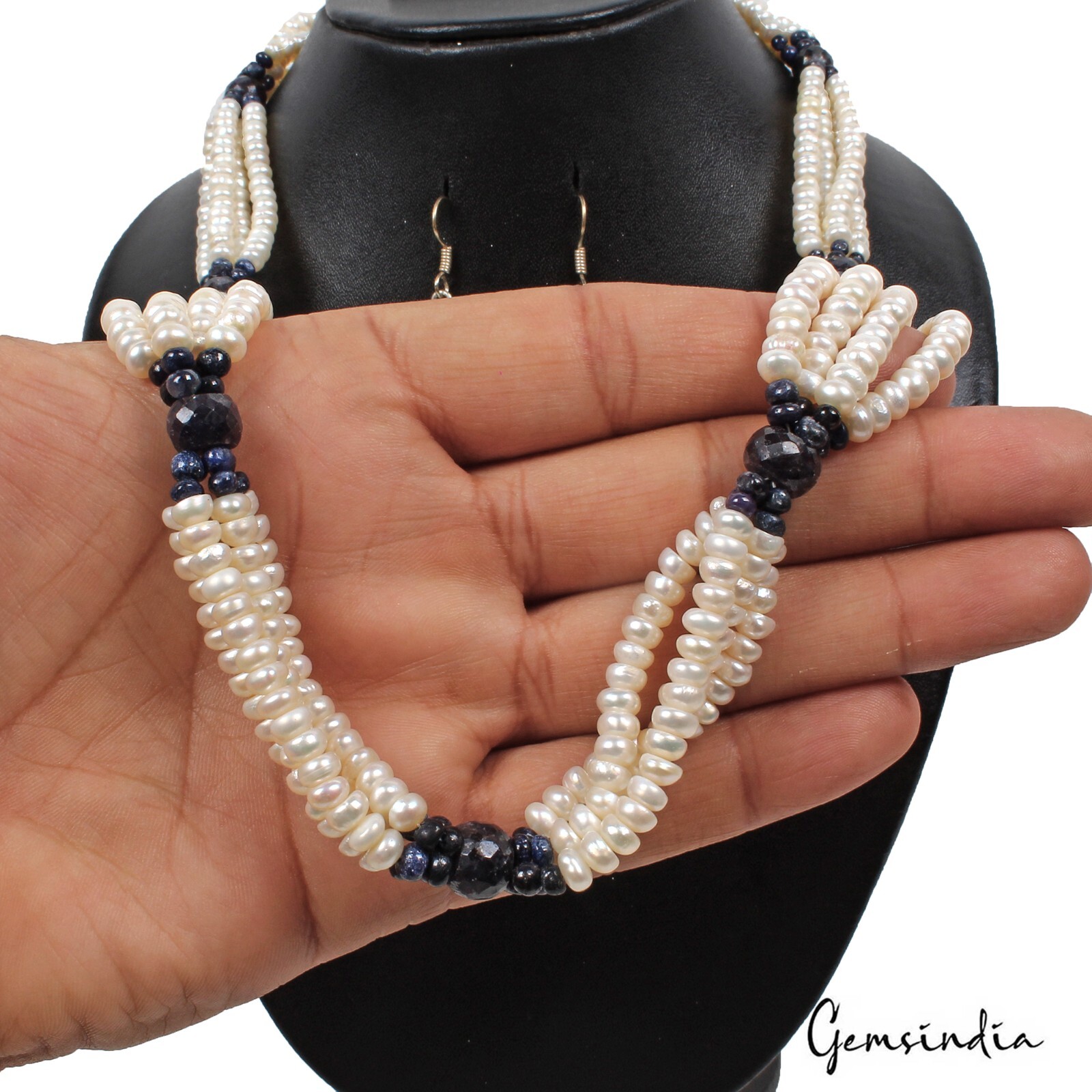 Sapphire & Pearl Necklace 26″ Earring Set, Multi-Strand Statement Beaded Jewelry