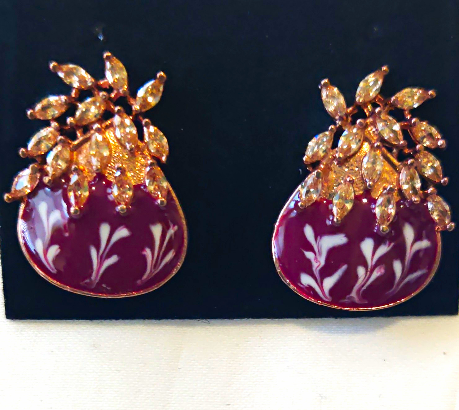 Gold Tone Purple Teardrop Stud Earrings, Clear Crystal Floral Top