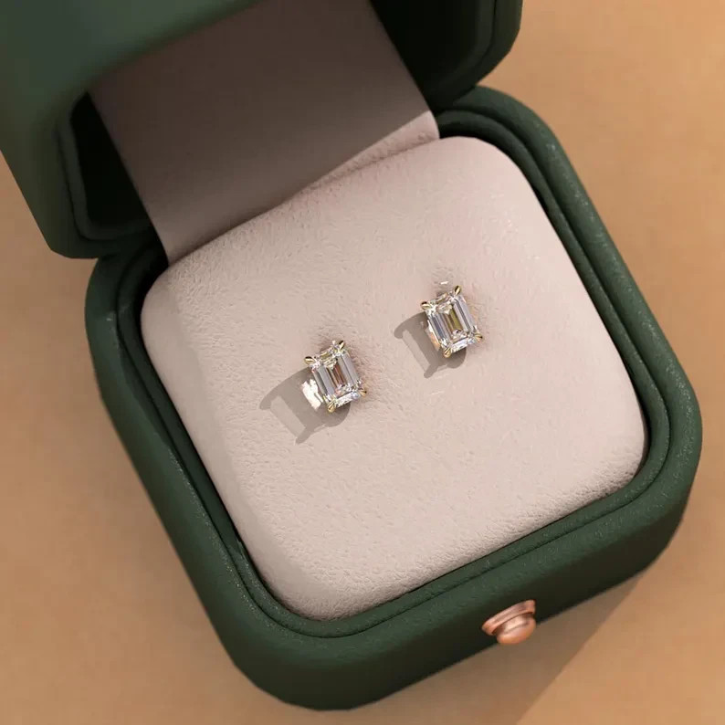 1.5 Ct Emerald Cut Lab Grown Diamond Earrings Studs Birthday Gift For Her