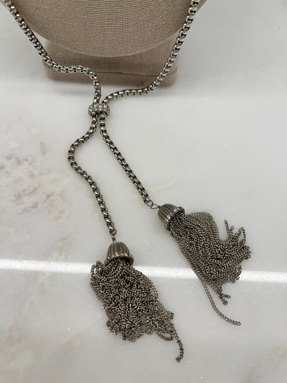 Silver Tone Tassle 19″ Necklace with Rhinestones
