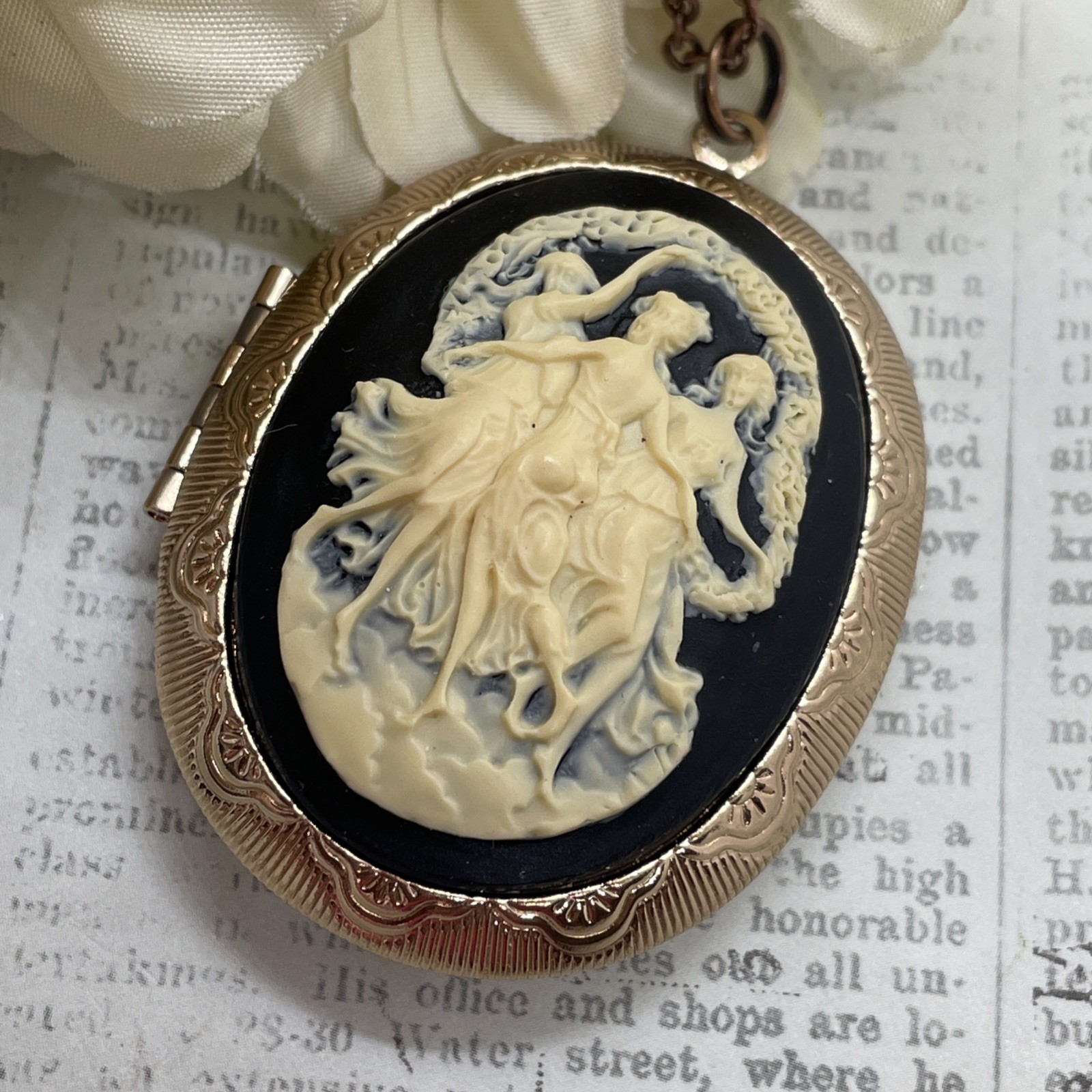 Rose Gold Photo Locket Necklace Birthday Gift 3 Graces Muse Muses Dancer Cameo