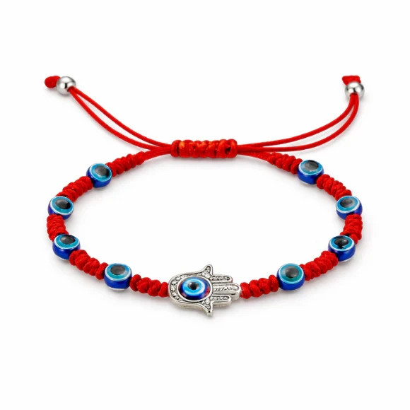 Adjustable Red Rope Bracelet – Blue Evil Eye & Hamsa Hand Charm
