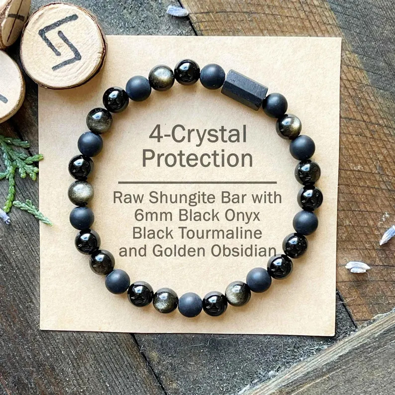 Protection Crystal Bracelet Shungite Black Onyx Tourmaline Golden Obsidian Gift
