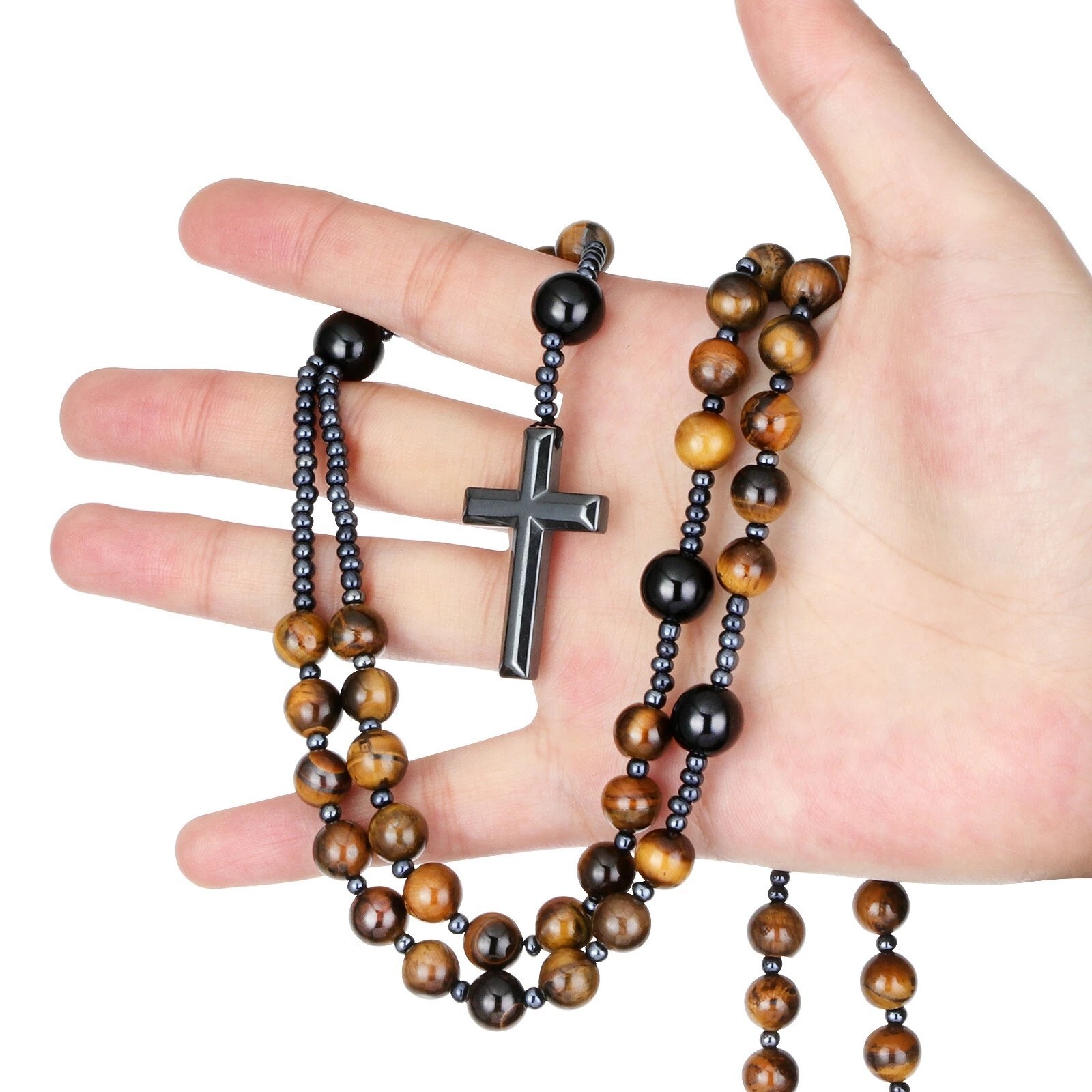 Tiger’s Eye Onyx Beaded Catholic Christ Hematite Cross Pendant Necklace for Men#