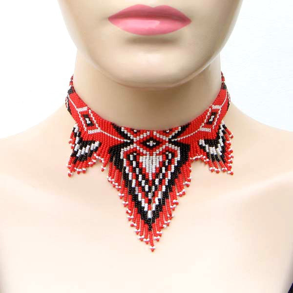 RED WHITE BLACK HEART NATIVE STYLE INSPIRED BEAD WORK BIB/CHOKER NECKLACE N14/16