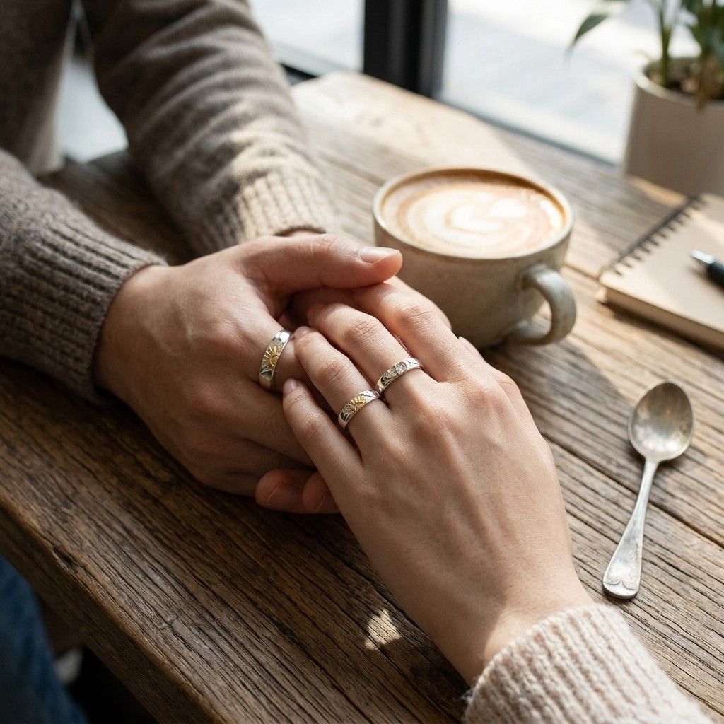 Sun Moon Star Adjustable Couple Promise Rings Set Matching Wedding Bands for Her