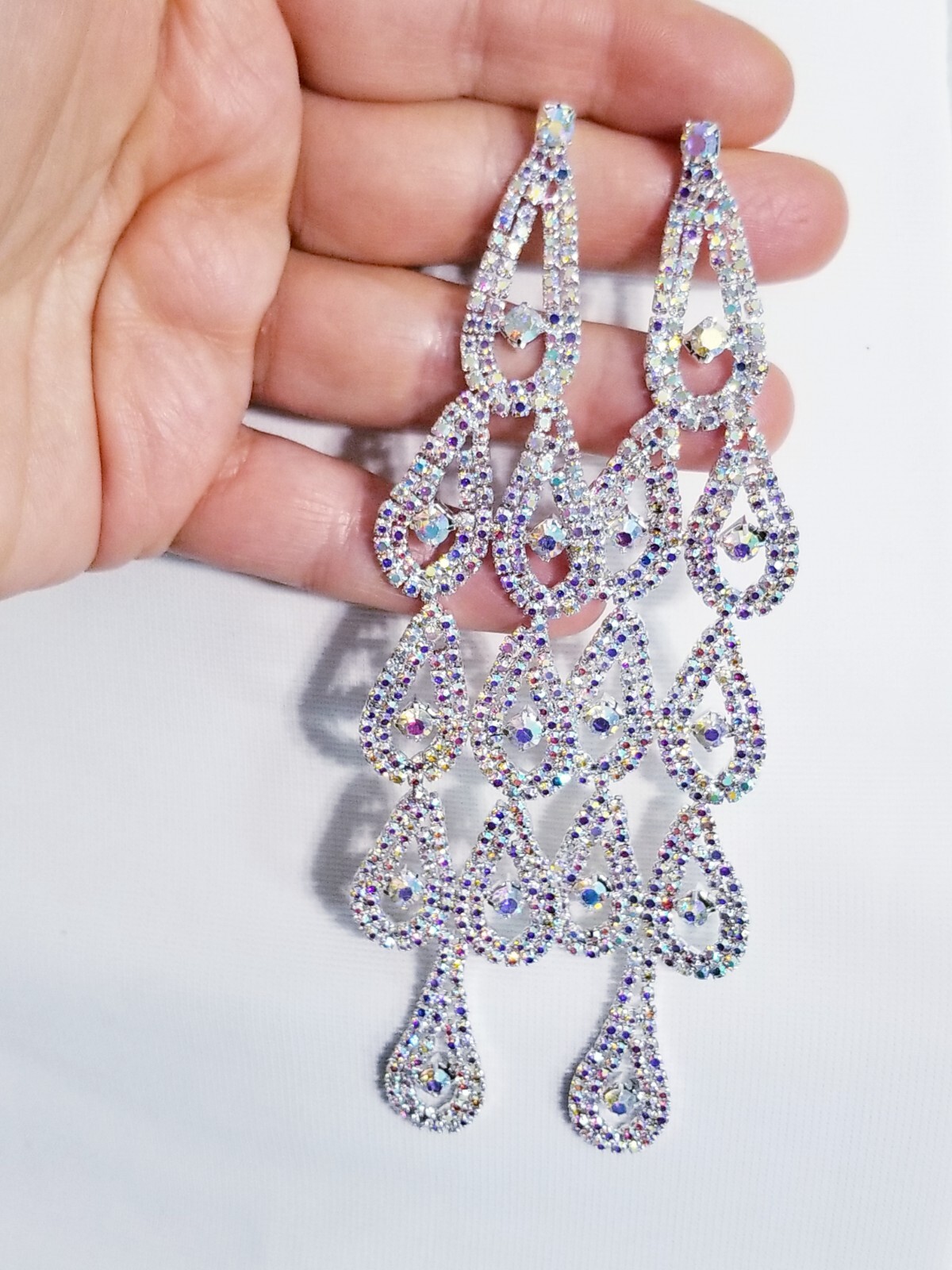 Bridesmaid Drop Dangle Chandelier Earrings 5.8 inch AB Rhinestone Pageant Prom