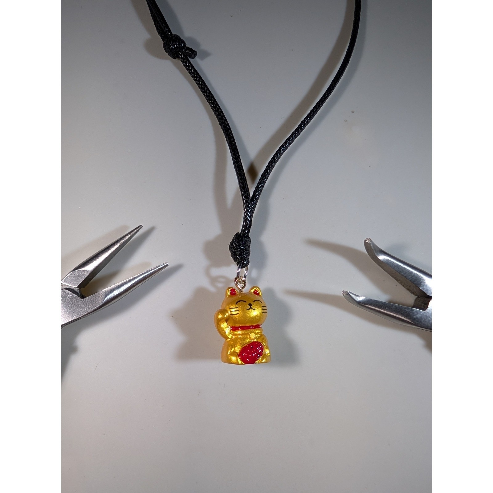 Gold Maneki Neko Lucky Cat Pendant Necklace Adjustable Black Cord Good Fortune