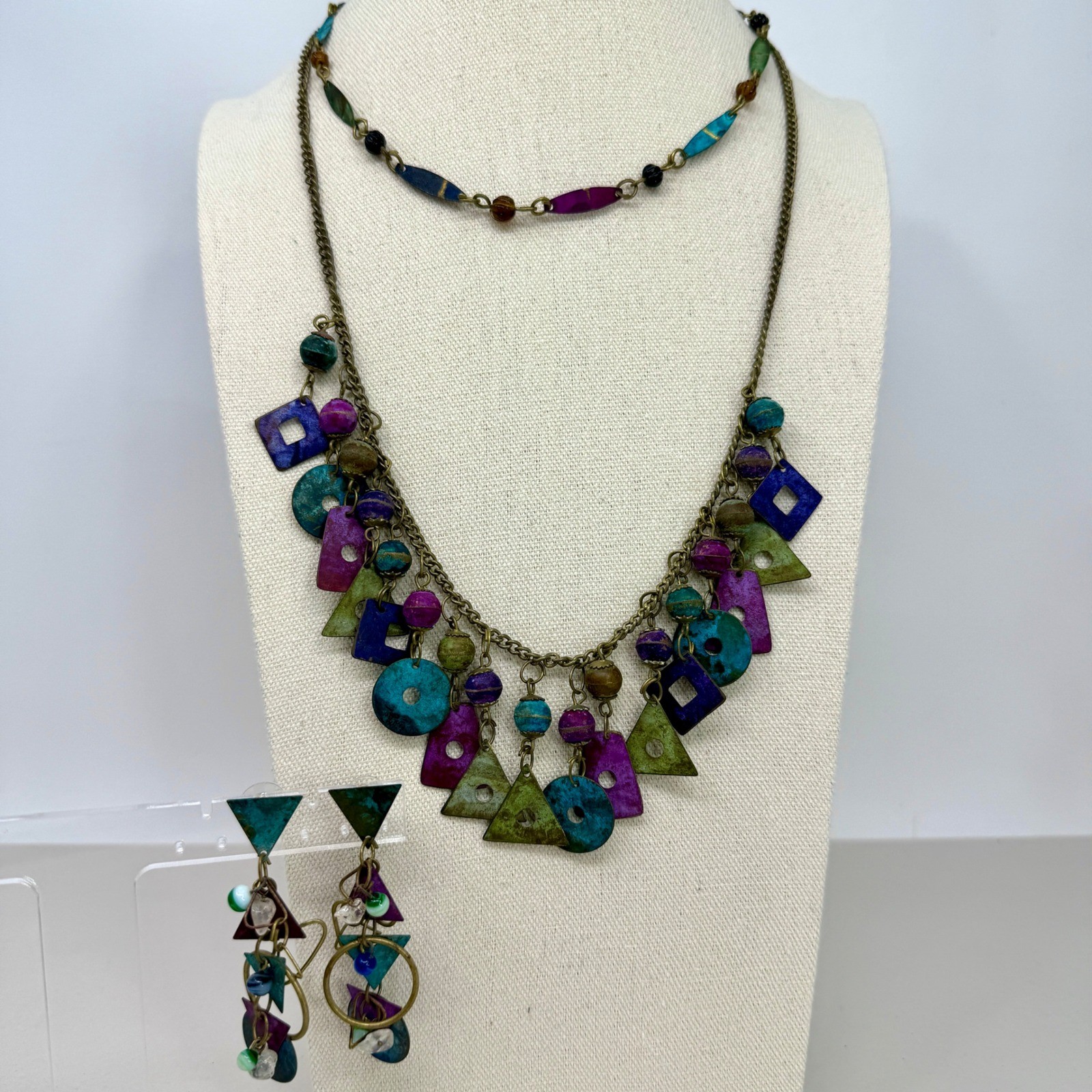 Painted Metal Bib Necklace & Dangle Earrings Jewelry Set of 3 Vintage 80s