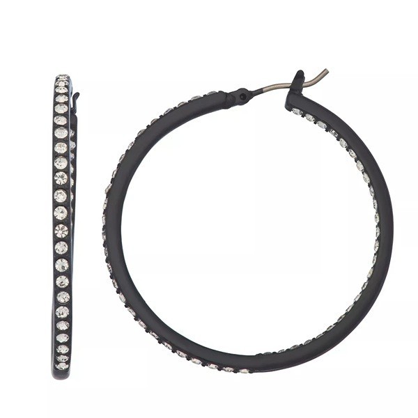 VERA WANG Rocker Chic Black Clear Crystal 1.5″ Hoop Earrings**NEW!
