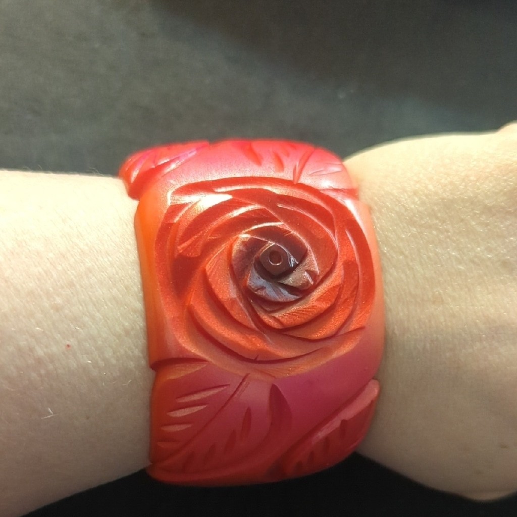 Antika Collection Coral Pink Orange Carved Rose Chunky Oversized Bangle Bracelet