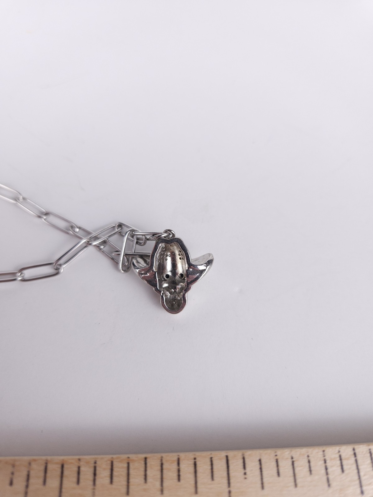 Dalmata Silvertone Chain Necklace with Cowboy Hat Skull Drop Pendant