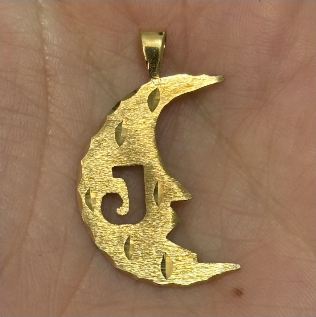 14K Yellow Gold Crescent Moon J Initial Pendant Textured 3.1g