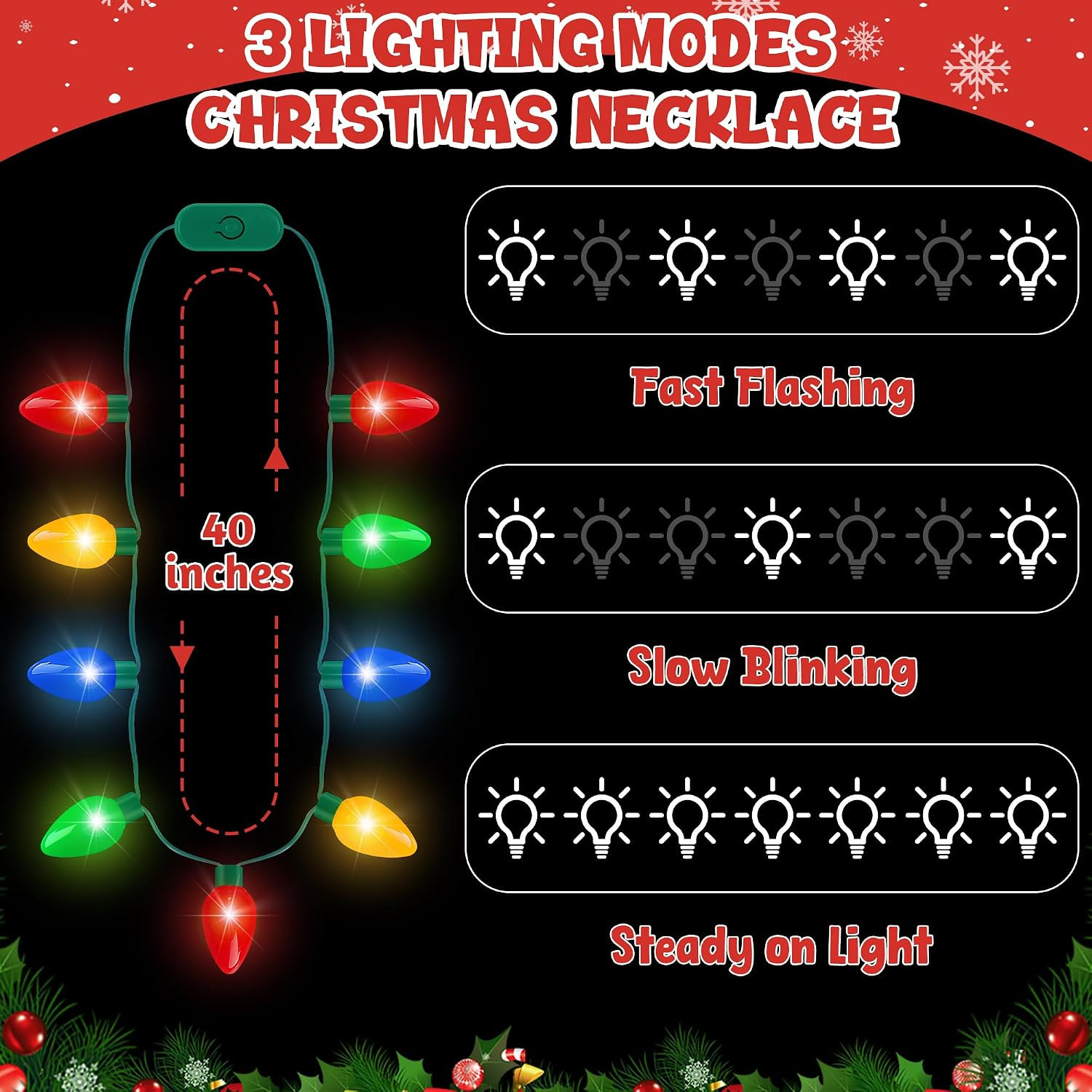 Christmas Light Necklace, 3PCS Christmas Necklace with 3 Flash Modes, Colorful X